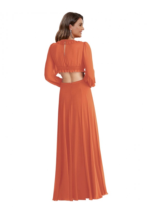 Chiffon Decote V Mangas Compridas, Mangas Bispo Abrir de volta Comprimento Chão Alto Baixo, Vestidos de Madrinha Baratos