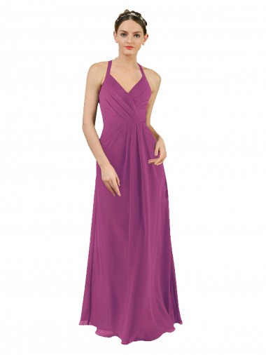 Chiffon Decote V Sem Mangas Buraco da fechadura Comprimento Chão Longo Bainha Vestidos de Madrinha Baratos