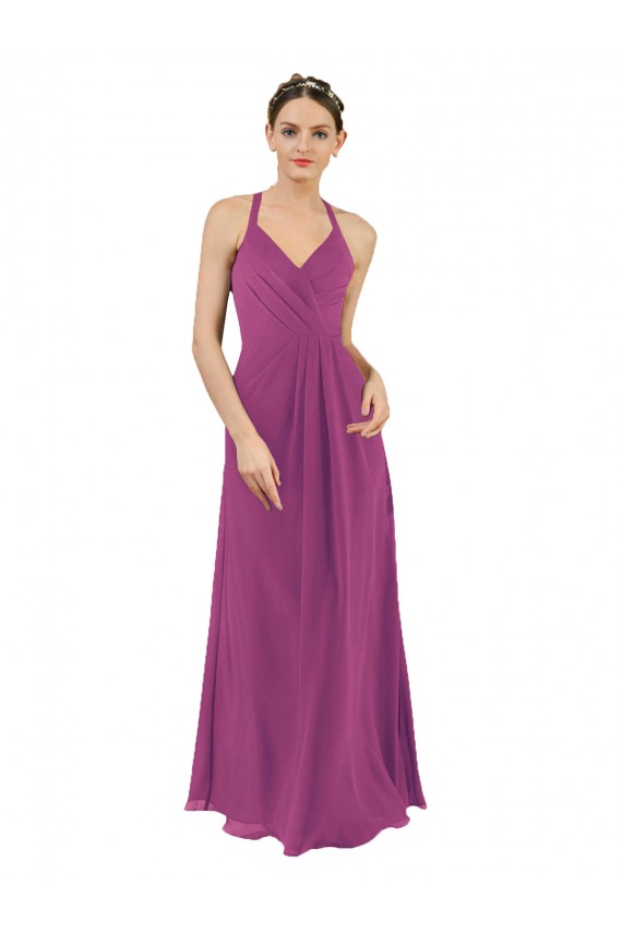 Chiffon Decote V Sem Mangas Buraco da fechadura Comprimento Chão Longo Bainha Vestidos de Madrinha Baratos