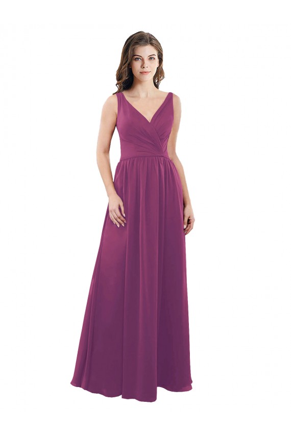 Chiffon Decote V Sem Mangas Costas em V Comprimento Chão Linha A Longo Vestidos de Madrinha Baratos