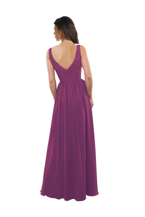 Chiffon Decote V Sem Mangas Costas em V Comprimento Chão Linha A Longo Vestidos de Madrinha Baratos
