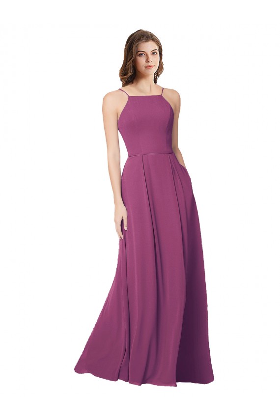 Chiffon Sem alças Sem Mangas Abrir de volta Comprimento Chão Linha A Vestidos de Madrinha Baratos