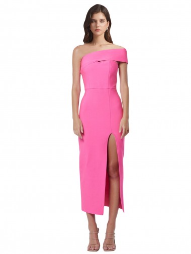 Crepe Esticado Um Ombro Sem Mangas Comprimento Midi Bainha Vestidos de Madrinha / Vestidos de Noite / Vestidos de Festa Baratos