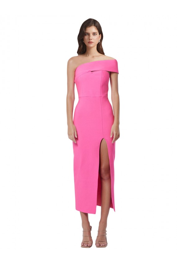 Crepe Esticado Um Ombro Sem Mangas Comprimento Midi Bainha Vestidos de Madrinha / Vestidos de Noite / Vestidos de Festa Baratos