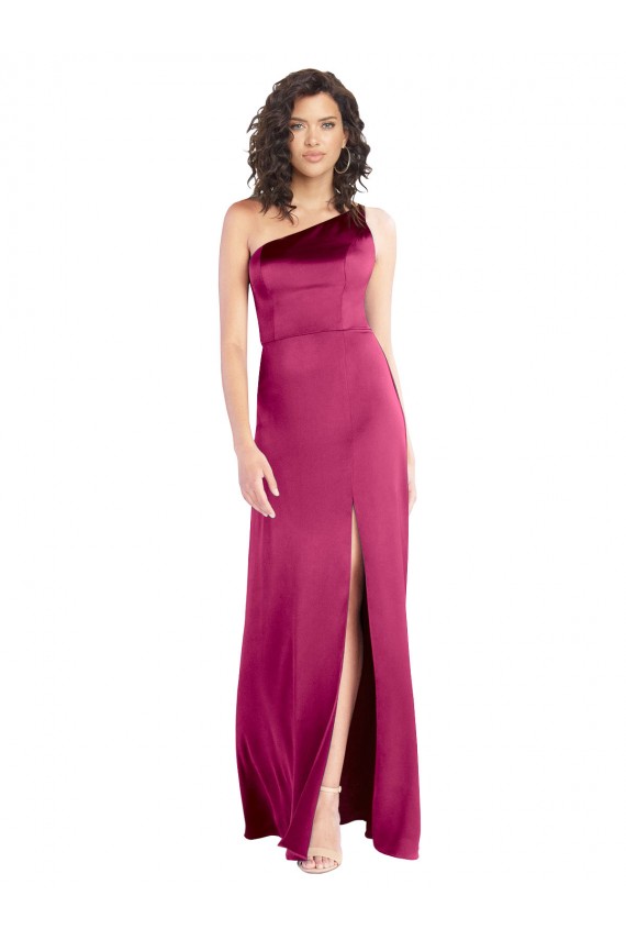 Cetim Elástico Um Ombro Sem Mangas Abrir de volta Comprimento Chão Vestidos de Madrinha / Vestidos de Noite / Vestidos de Festa Baratos