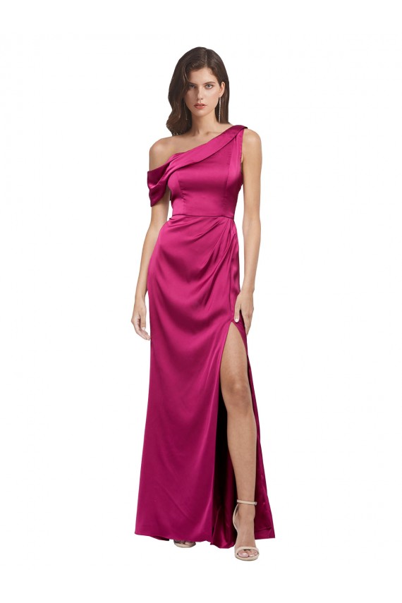 Cetim Elástico Um Ombro Sem Mangas Comprimento Chão Linha A Vestidos de Madrinha / Vestidos de Noite / Vestidos de Festa Baratos