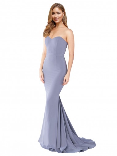 Crepe Esticado Amor Sem Mangas Lombar Comprimento Chão Fumo Azul Vestidos de Madrinha / Vestidos de Noite / Vestidos de Festa Baratos