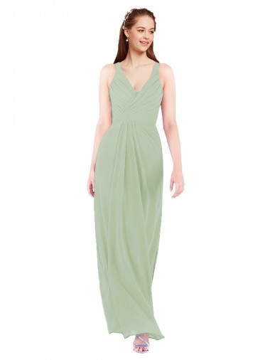 Chiffon Decote V Sem Mangas Buraco da fechadura Comprimento Chão Fumo Verde Vestidos de Madrinha Baratos
