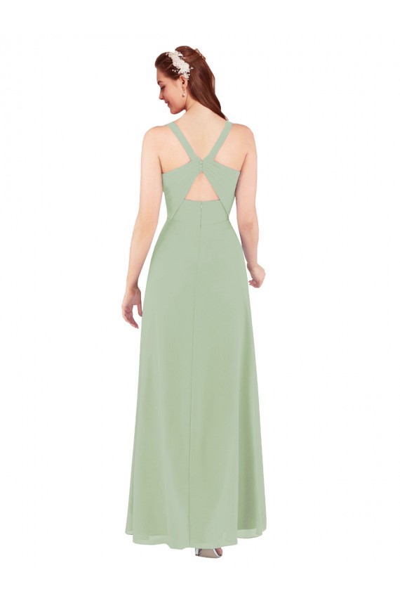 Chiffon Decote V Sem Mangas Buraco da fechadura Comprimento Chão Fumo Verde Vestidos de Madrinha Baratos
