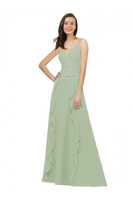 Chiffon Alças finas Sem Mangas Comprimento Chão Linha A Longo Vestidos de Madrinha Baratos