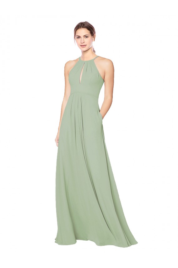 Chiffon Cabeçada Sem Mangas Buraco da fechadura Comprimento Chão Longo Linha A Vestidos de Madrinha Baratos