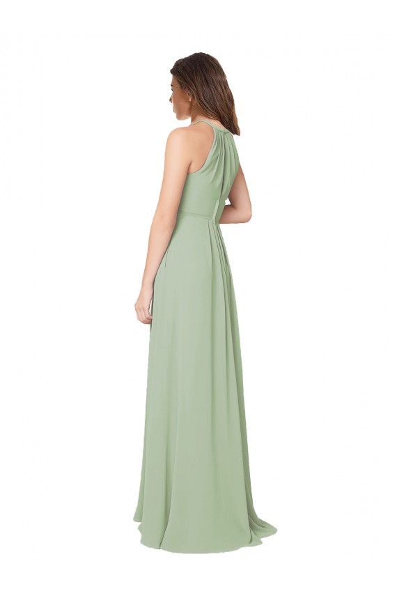 Chiffon Cabeçada Sem Mangas Buraco da fechadura Comprimento Chão Longo Linha A Vestidos de Madrinha Baratos