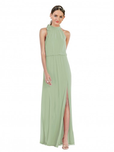 Chiffon Decote Alto Sem Mangas Comprimento Chão Fumo Verde Longo Vestidos de Madrinha Baratos
