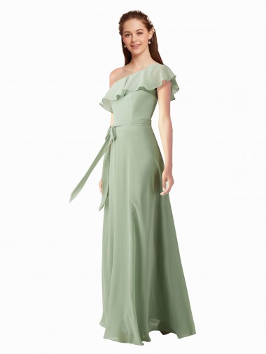 Chiffon Um Ombro Mangas Esvoaçantes Comprimento Chão Vestidos de Madrinha Baratos