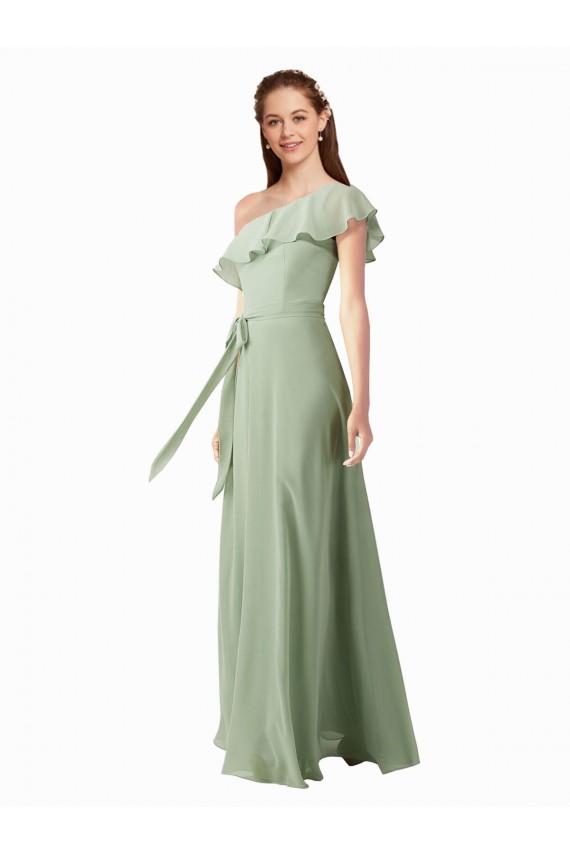 Chiffon Um Ombro Mangas Esvoaçantes Comprimento Chão Vestidos de Madrinha Baratos