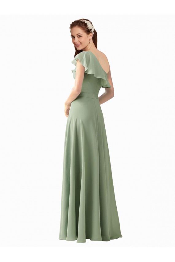 Chiffon Um Ombro Mangas Esvoaçantes Comprimento Chão Vestidos de Madrinha Baratos