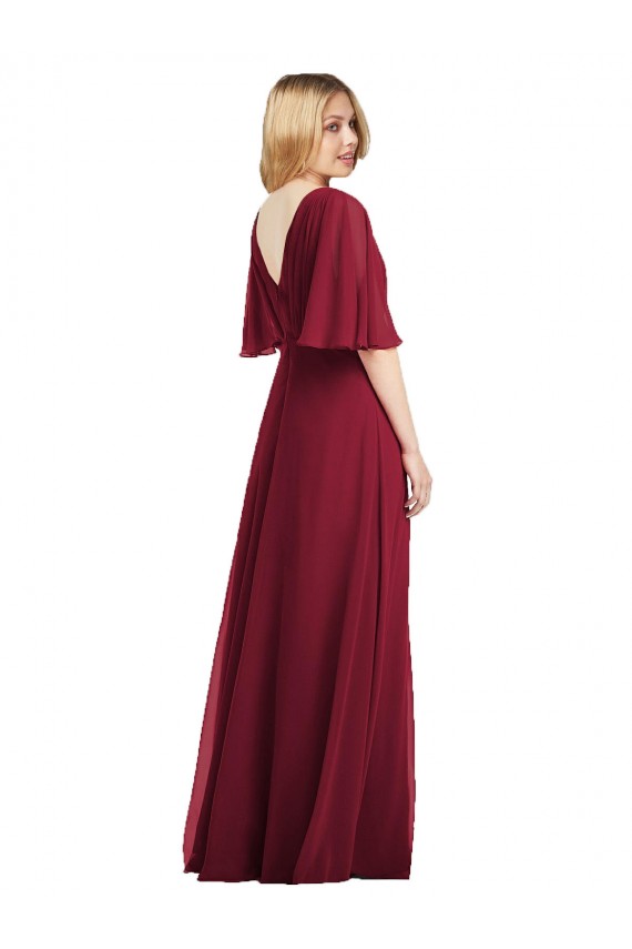 Chiffon Decote V Mangas Esvoaçantes Comprimento Chão Trombeta Vestidos de Madrinha Baratos