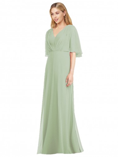 Chiffon Decote V Mangas Esvoaçantes Comprimento Chão Trombeta Vestidos de Madrinha Baratos