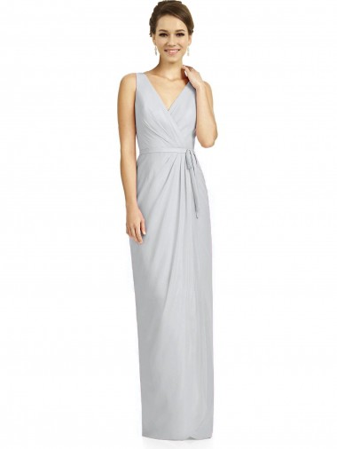 Chiffon Decote V Sem Mangas Costas em V Comprimento Chão Geada Bainha Vestidos de Madrinha Baratos