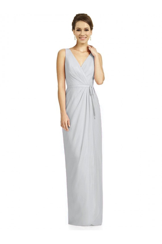 Chiffon Decote V Sem Mangas Costas em V Comprimento Chão Geada Bainha Vestidos de Madrinha Baratos