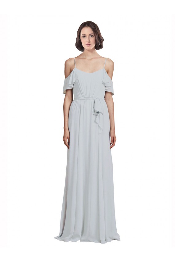 Chiffon Fora do Ombro Sem Mangas Comprimento Chão Geada Linha A Vestidos de Madrinha Baratos