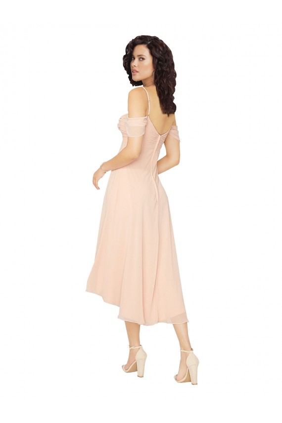 Chiffon Decote Quadrado Ombro Frio Lombar Comprimento Midi Vestidos de Madrinha Baratos