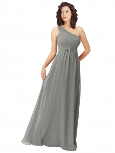 Chiffon Um Ombro Sem Mangas Comprimento Chão Glicínias Linha A Vestidos de Madrinha Baratos