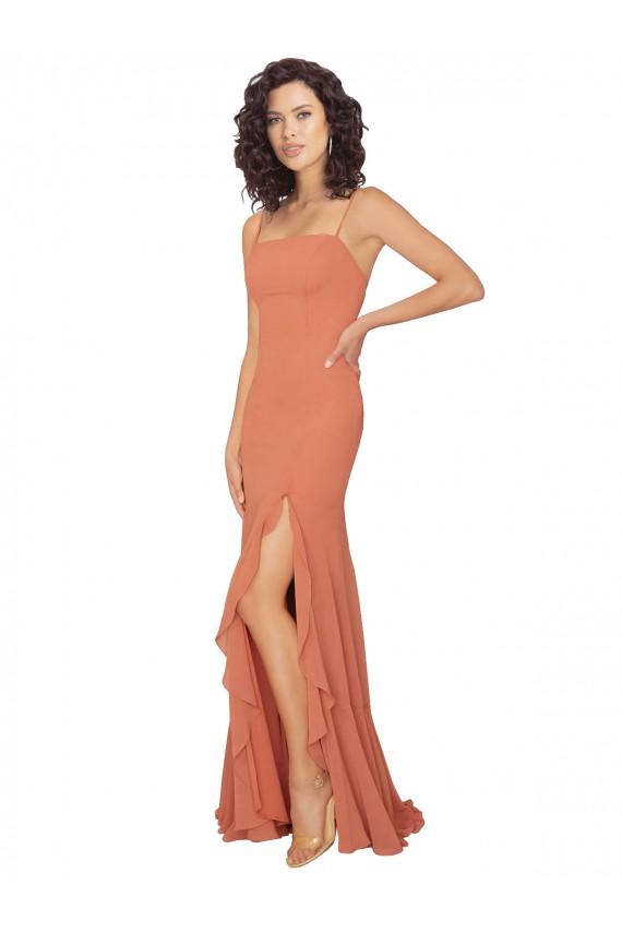Chiffon Decote Quadrado Sem Mangas Costas em V Comprimento Chão Vestidos de Madrinha Baratos