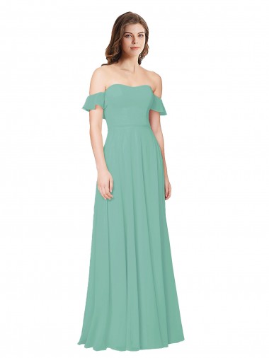 Chiffon Fora do Ombro Mangas Folhos Abrir de volta Comprimento Chão Vestidos de Madrinha Baratos