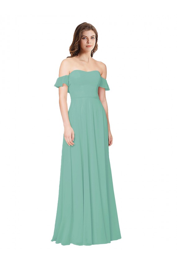Chiffon Fora do Ombro Mangas Folhos Abrir de volta Comprimento Chão Vestidos de Madrinha Baratos