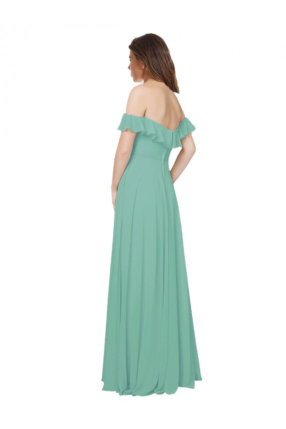 Chiffon Fora do Ombro Mangas Folhos Abrir de volta Comprimento Chão Vestidos de Madrinha Baratos
