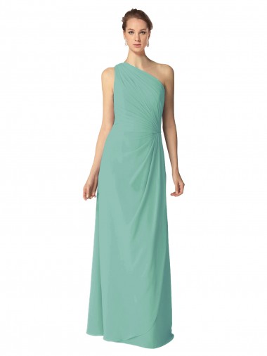Chiffon Um Ombro Sem Mangas Comprimento Chão Jade Linha A Vestidos de Madrinha Baratos