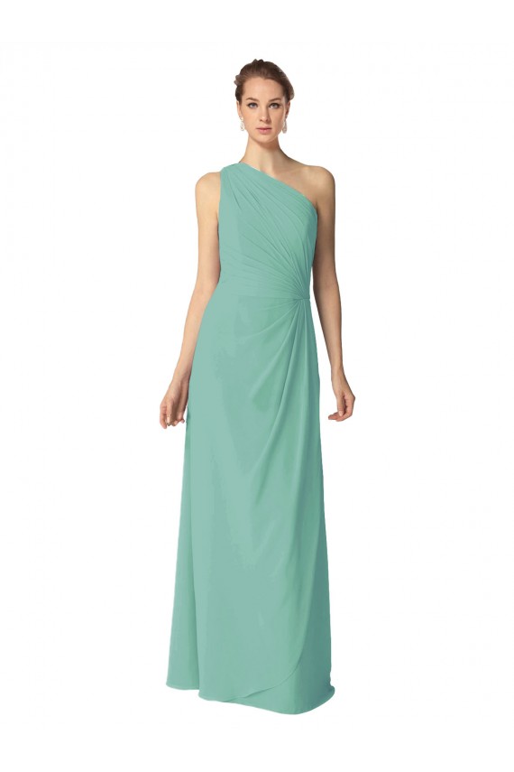 Chiffon Um Ombro Sem Mangas Comprimento Chão Jade Linha A Vestidos de Madrinha Baratos