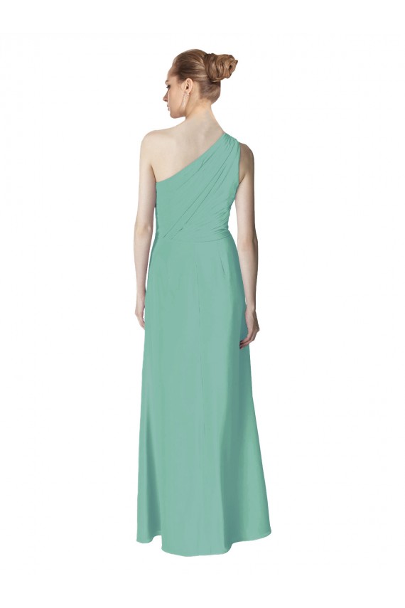Chiffon Um Ombro Sem Mangas Comprimento Chão Jade Linha A Vestidos de Madrinha Baratos