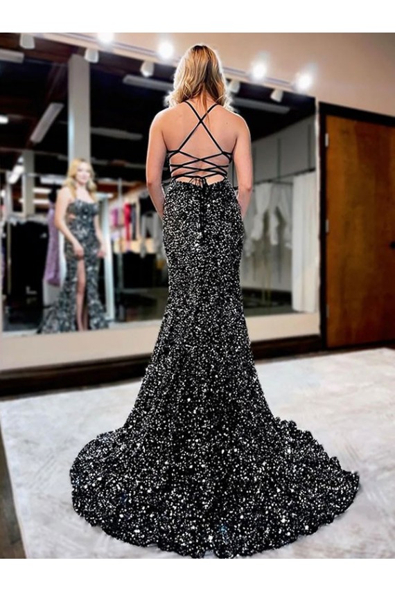Lantejoulas Veludo Alças finas Sem Mangas Comboio Varredela Vestidos de Festa / Vestidos de Madrinha Baratos