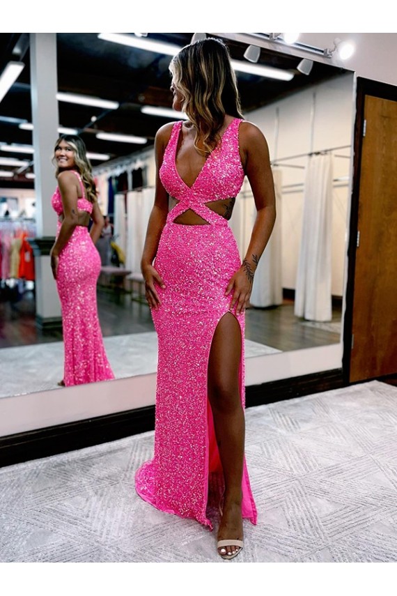 Lantejoulas Veludo Decote V Sem Mangas Comboio Varredela Bainha Vestido de Festa / Vestido de Madrinha Baratos