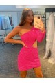 Lantejoulas Veludo Um Ombro Mangas Compridas Curto Bainha Vestidos de Festa Baratos