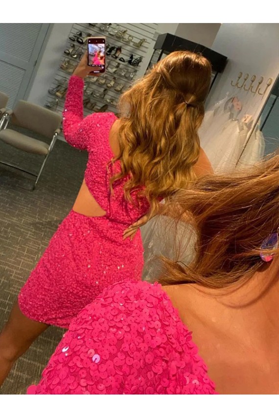 Lantejoulas Veludo Um Ombro Mangas Compridas Curto Bainha Vestidos de Festa Baratos