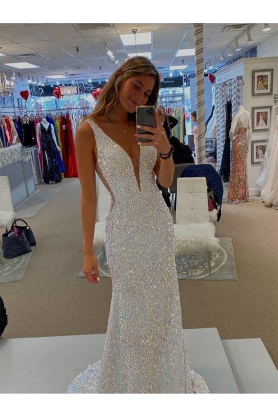 Lantejoulas Veludo Decote V Sem Mangas Comboio Varredela Longo Bainha Vestidos de Festa Baratos