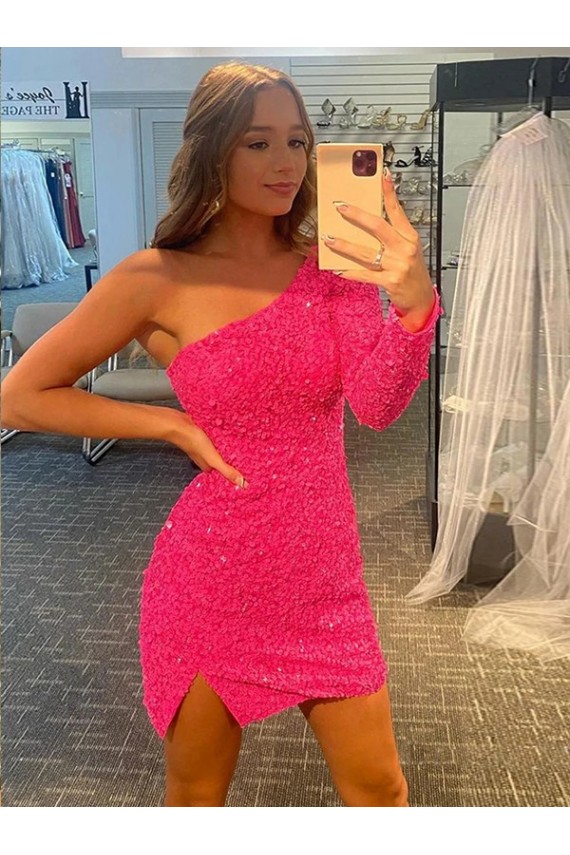 Lantejoulas Veludo Um Ombro Mangas Compridas Curto Vestidos de Festa Baratos