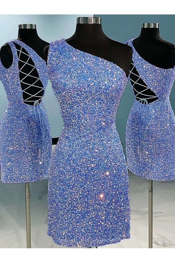 Lantejoulas Veludo Um Ombro Sem Mangas Curto Vestido de Festa / Vestido de Noite Baratos