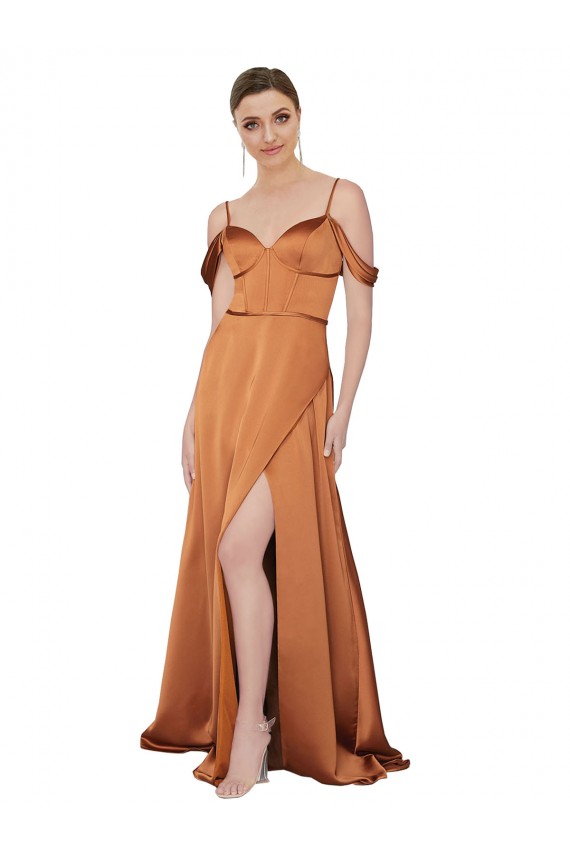 Cetim Sedoso Alças finas Ombro Frio Lombar Comprimento Chão Vestidos de Madrinha / Vestidos de Noite / Vestidos de Festa Baratos