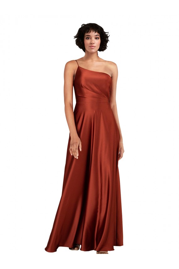 Cetim Sedoso Um Ombro Sem Mangas Comprimento Chão Linha A Vestidos de Madrinha / Vestidos de Noite / Vestidos de Festa Baratos