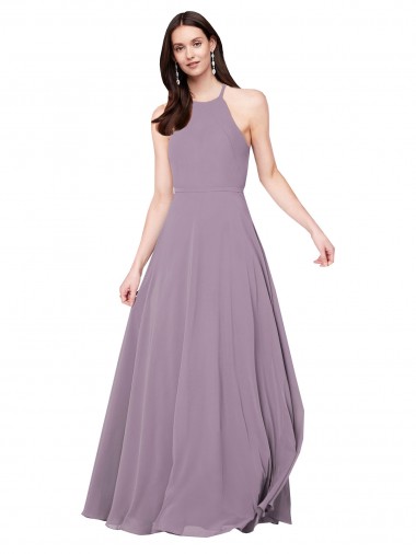 Chiffon Cabeçada Sem Mangas Buraco da fechadura Comprimento Chão Lavanda Escura Linha A Vestidos de Madrinha Baratos