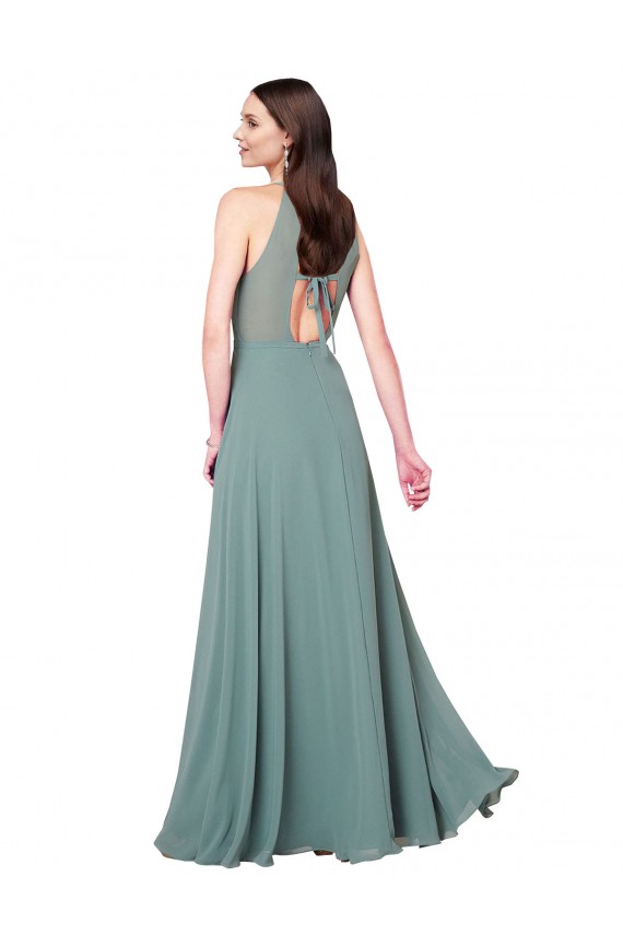 Chiffon Cabeçada Sem Mangas Buraco da fechadura Comprimento Chão Lavanda Escura Linha A Vestidos de Madrinha Baratos