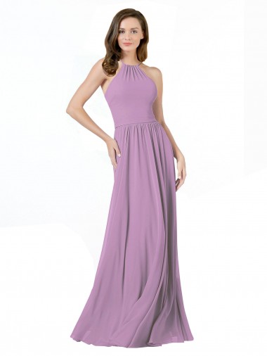 Chiffon Cabeçada Sem Mangas Comprimento Chão Lavanda Escura Linha A Vestidos de Madrinha Baratos