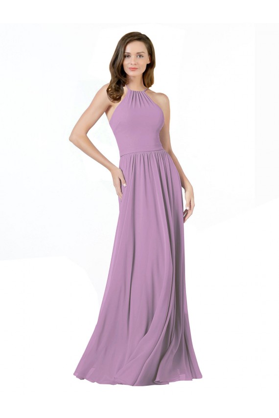 Chiffon Cabeçada Sem Mangas Comprimento Chão Lavanda Escura Linha A Vestidos de Madrinha Baratos