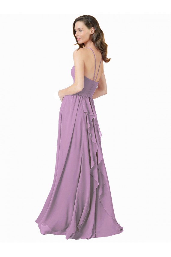 Chiffon Cabeçada Sem Mangas Comprimento Chão Lavanda Escura Linha A Vestidos de Madrinha Baratos