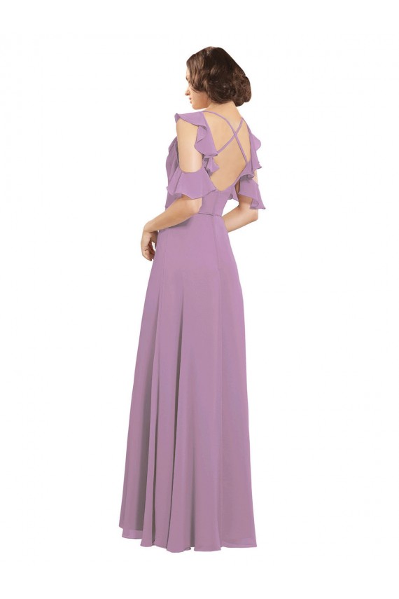 Chiffon Decote Alto Ombro Frio Criss Cruz Comprimento Chão Vestidos de Madrinha Baratos