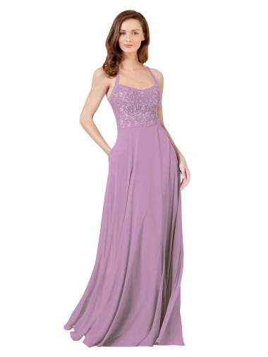 Chiffon & Renda Alças finas Sem Mangas Comprimento Chão Vestidos de Madrinha Baratos